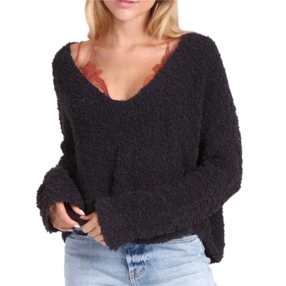 Free People Black Loose Weave Sweater Sz M Cozy Boho Chic Relaxed